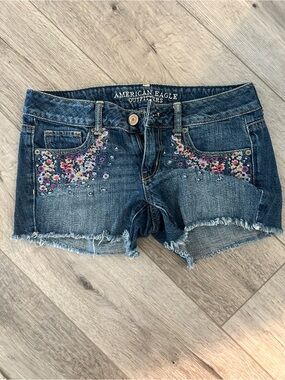 American Eagle Embroidered Denim Cutoff Shorts - Blue